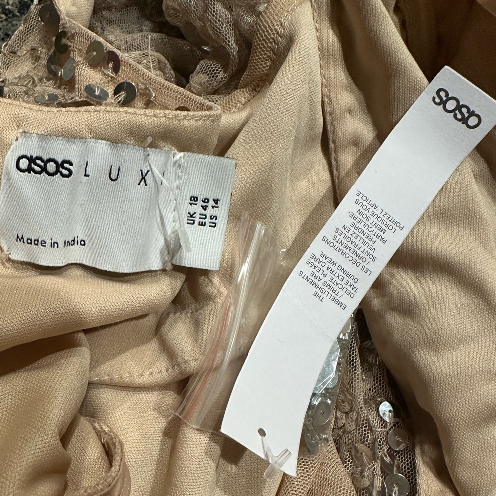 Asos Luxe Sequin Long Sleeve Nude gold sequin white tulle hem dress size 14 - Picture 12 of 12